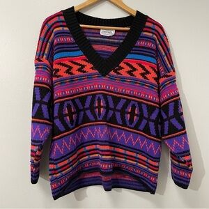 Vintage Croquet Club 80s Bright Multicolor Knit Sweater Striped Large